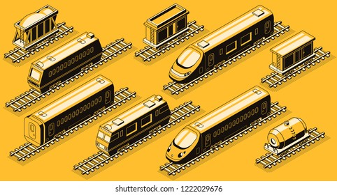 Railroad transport, train elements isometric vector set. High-speed passenger and freight locomotives, goods wagons and containers with bulk cargo, tank car on rails line art illustrations collection