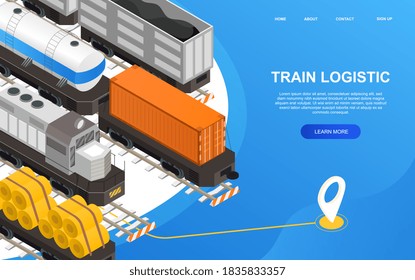 Concepto de transporte ferroviario con diferentes tipos de vagones de mercancías por ferrocarril. Ilustración vectorial isométrica 3d. página web, sitio web o plantilla de página de inicio.