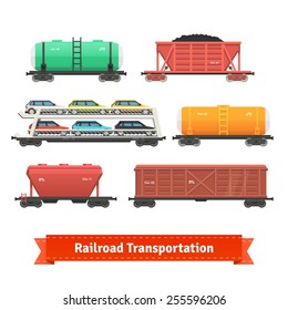 Railroad transportation set. Various train cars. Motorail, oil, ore, hopper cars.. Flat style illustration or icon. EPS 10 vector.