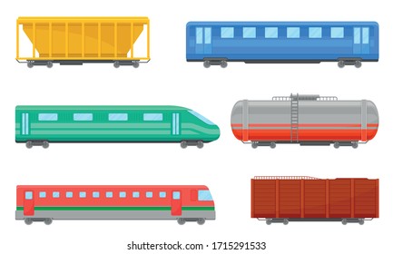 Railroad Transportation and Train Carriage for Freight and Passenger Traffic Vector Set