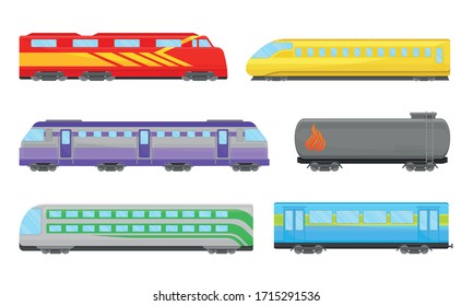 Railroad Transportation and Train Carriage for Freight and Passenger Traffic Vector Set