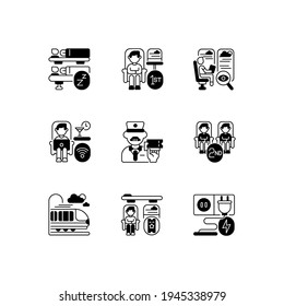 Railroad travel black linear icons set. Affordable and first class train services glyph contour symbols. Railway transportation, urban and intercity commuting. Vector isolated outline illustrations