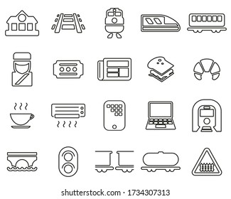 Railroad Travel & Cargo Transportation Icons Black & White Thin Line Set Big