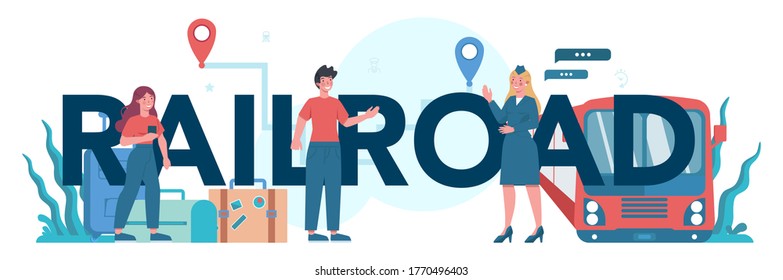 Railroad typographic header. Railway worker in uniform on duty. Train conductor help passenger in journey. Traveling by train. Idea of professional occupation and tourism. Vector illustration