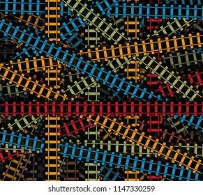 Railroad vector texture, intersected railroad tracs, railway colored pattern, rail road isolated background.