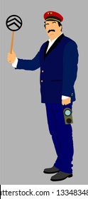 Railroader in uniform vector illustration. Railway man on duty. Platform controller at steam railway station. Railway worker traffic controller giving a signals to the train crew. Metro travel concept