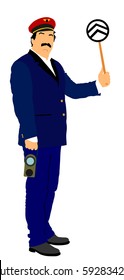 Railroader in uniform vector. Railway man on duty. Platform controller at a steam railway station. Old railway worker traffic controller giving a signals to the train crew.