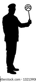 Railroader in uniform vector silhouette. Railway man on duty. Platform controller at a steam railway station. Railway worker traffic controller giving a signals to the train crew. Metro travel concept