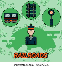 Railroads flat concept icons