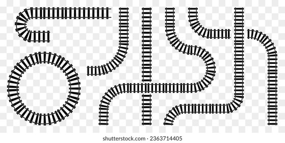 Colección de elementos ferroviarios o ferroviarios. Ferrocarril recto y ondulado en la parte superior. Pista de tren, elemento de la carretera ferroviaria