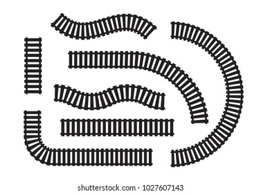 Rails - set of modern vector objects isolated on white background for creating your own images. Top view position of black railway elements of different forms