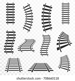 Rails set on transparent background. Straight and curved railroad tracks icon. Vector