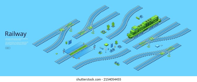 Railway banner with isometric locomotive and rail track elements. Vector poster of path for trains, subway and tram, train road with switch, crossing, signal