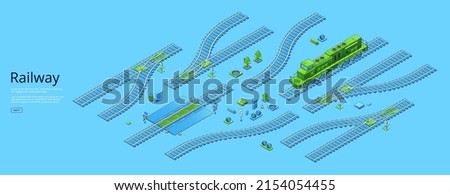 Railway banner with isometric locomotive and rail track elements. Vector poster of path for trains, subway and tram, train road with switch, crossing, signal