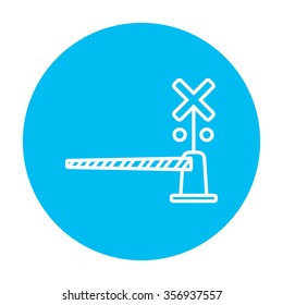 Eisenbahnsperren-Symbol für Web-, Mobil- und Infografiken. Vektorweißes Symbol auf hellblauem Kreis, einzeln auf weißem Hintergrund.