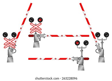 Railway barriers in the open and closed position and a road sign with the railway crossing.