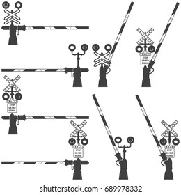 Railway barriers in the open and closed position and a road sign with the railway crossing.