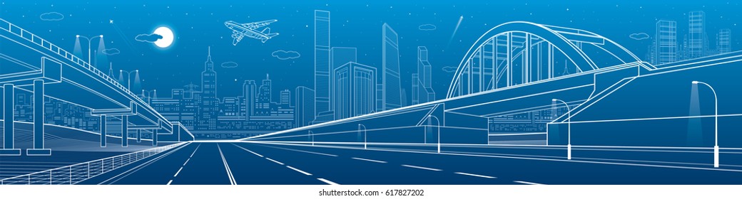 Railway bridge, empty highway, road overpass. Urban infrastructure, modern city on background, industrial architecture, towers and skyscrapers. White lines image, night scene, vector design art 
