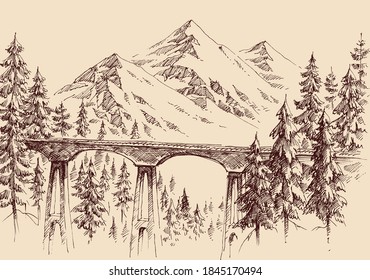 Railway Bridge In Mountain Ladscape Vector Hand Drawing