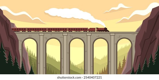 Puente ferroviario en las montañas. Estructura de piedra arqueada para pasajeros y transporte de carga, el tren cruza el puente, paisaje de viaje con acantilados de roca plana de dibujos animados aislada hoy en día concepto de Vector