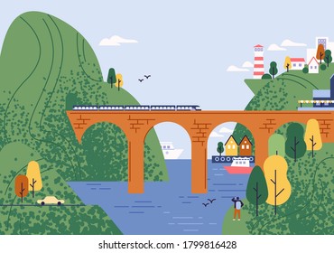 Railway bridge with moving train at beautiful seascape and city on mountain vector flat illustration. Amazing view on seaside town, sea, lighthouse and cliffs. Panoramic landscape or touristic place