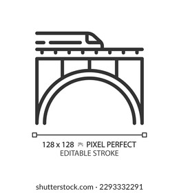 Icono lineal perfecto del píxel del puente ferroviario. Tren exprés. Vía de tren. Infraestructura urbana. Transporte rápido. Ilustración de línea delgada. Símbolo de contorno. Dibujo del contorno del vector. Trazo editable