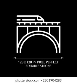 Railway bridge pixel perfect white linear icon for dark theme. Express train. Rail track. Urban infrastructure. Fast transport. Thin line illustration. Isolated symbol for night mode. Editable stroke