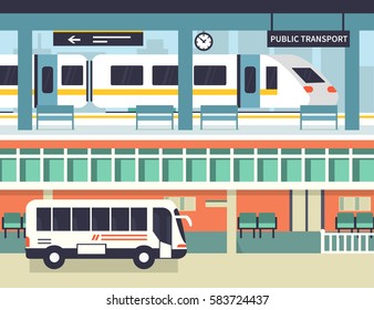 Railway and bus station. Bus stop and train platform. Vector concept illustration. Infographic elements.