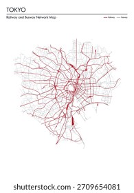 Mapa da rede ferroviária e rodoviária em Tóquio. Mapa decorativo turístico.