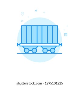 Railway Car, Container Flat Vector Icon. Well Car, Rail Freight Symbol, Pictogram, Sign. Light Flat Style. Blue Monochrome Design. Editable Stroke. Adjust Line Weight. Design With Pixel Perfection.