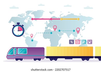 Railway cargo on world map, industrial train with containers freight, import and export railroad logistic service. Commercial transportation concept, freight train. Fast shipping worldwide. vector
