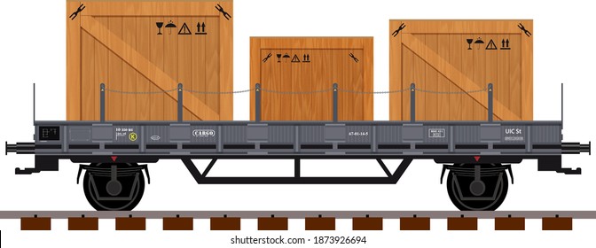 Vagón de transporte de carga ferroviaria con algunas cajas de madera de transporte. Ilustración vectorial detallada.