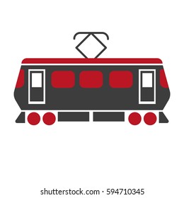 Railway carriage electric train in black and red colors isolated on white. Railroad transport item for carrying passengers, express transportation symbol vector illustration in flat style design