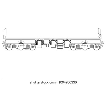 Railway carriage. Railway freight car. Cargo platform. Transportation of goods by train. Line drawing. Outline