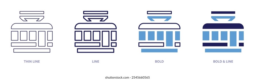 Icono de vagón de ferrocarril en 4 estilos diferentes. Línea delgada, línea, negrita y línea negrita. Estilo duotono. Trazo editable.