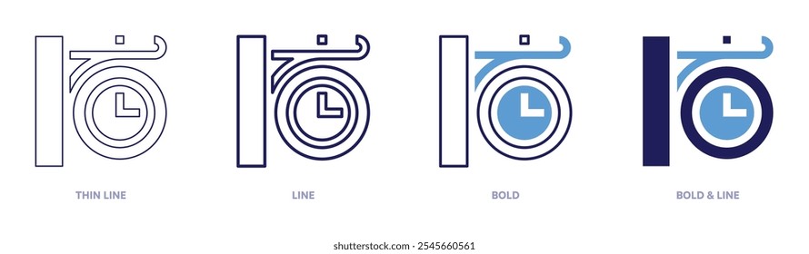 Railway clock icon in 4 different styles. Thin Line, Line, Bold, and Bold Line. Duotone style. Editable stroke.