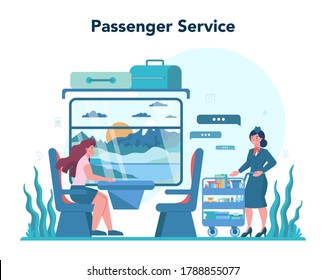 Railway conductor concept. Railway worker in uniform on duty. Train conductor help passenger in journey. Traveling by train. Idea of professional occupation and tourism. Vector illustration