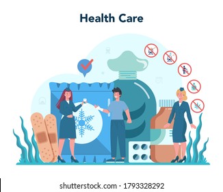 Railway conductor concept. Railway worker in uniform on duty. Train conductor help passenger in journey. Traveling by train. Idea of professional occupation and tourism. Vector illustration