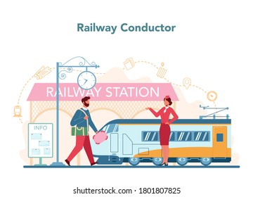 Concepto de conductor de ferrocarril. Trabajador de tren con uniforme de guardia. El conductor del tren ayuda al pasajero en el viaje. Viajando en tren. Idea de ocupación profesional y turismo. Ilustración del vector