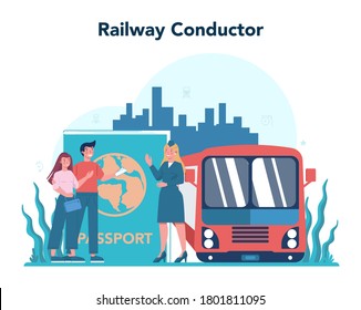 Railway conductor concept. Railway worker in uniform on duty. Train conductor help passenger in journey. Traveling by train. Idea of professional occupation and tourism. Vector illustration