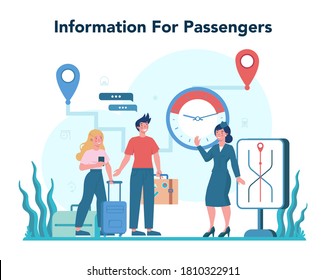 Railway conductor concept. Railway worker in uniform on duty. Train conductor help passenger in journey. Traveling by train. Idea of professional occupation and tourism. Vector illustration