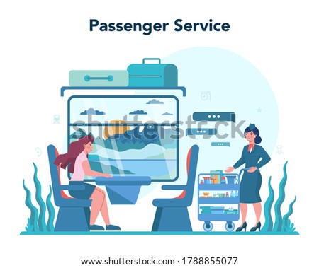 Railway conductor concept. Railway worker in uniform on duty. Train conductor help passenger in journey. Traveling by train. Idea of professional occupation and tourism. Vector illustration