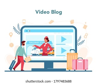 Railway conductor online service or platform. Railway worker in uniform on duty. Train conductor help passenger in journey. Video blog. Vector illustration