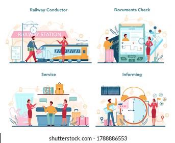Railway conductor set. Railway worker in uniform on duty. Train conductor help passenger in journey. Traveling by train. Idea of professional occupation and tourism. Vector illustration