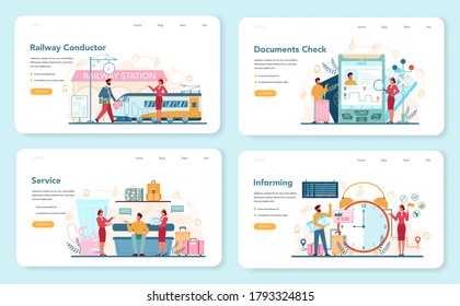 Railway conductor web banner or landing page set. Railway worker in uniform on duty. Train conductor help passenger in journey. Traveling by train. Vector illustration