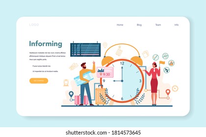 Railway conductor web banner or landing page. Railway worker informing passenger. Train conductor help passenger in journey. Idea of professional occupation and tourism. Vector illustration