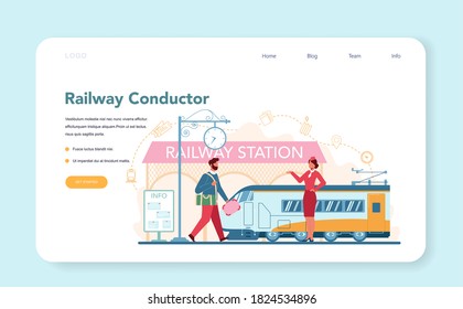 Railway conductor web banner or landing page. Railway worker in uniform on duty. Train conductor help passenger in journey. Traveling by train. Vector illustration