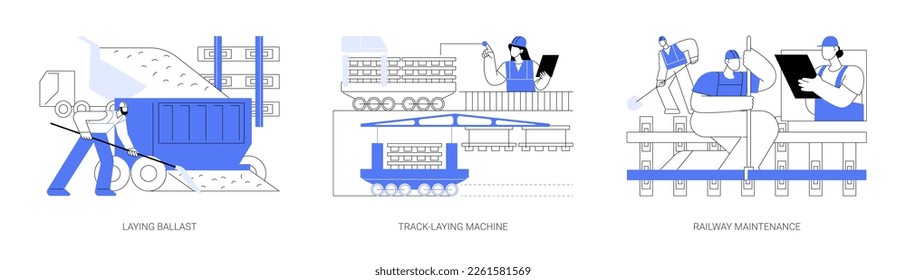 Railway construction abstract concept vector illustration set. Laying ballast, track laying machine, railway maintenance, industrial engineering, infrastructure building abstract metaphor.