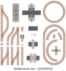 Railway constructor, top view. Crossroads of the railroad and highway.