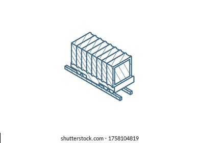 Railway container, wagon load isometric icon. 3d vector illustration. Isolated line art technical drawing. Editable stroke